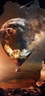 Earth-shaped hot air balloon in a cosmic landscape.