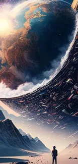 Surreal art depicting a lone figure and a giant floating Earth.