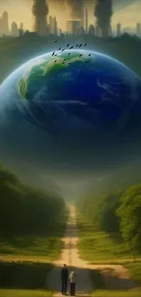 Surreal landscape with giant Earth above green path.