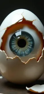 Surreal egg with an eye breaking through cracks, artistic design.