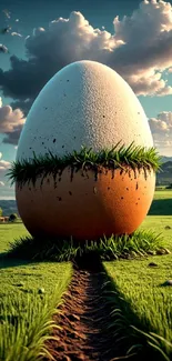 Surreal landscape with a giant egg on grass under a cloudy sky.