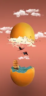 Surreal mobile wallpaper with an egg and dreamy sky elements.