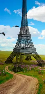 Eiffel Tower amidst a vibrant grassy landscape with a path and flying birds.