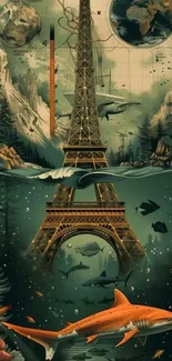 Surreal Eiffel Tower underwater with marine life and mountains.