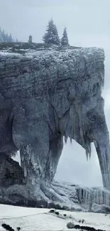 Surreal scene of elephant-shaped frozen cliff with a light blue hue.