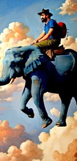 Man rides elephant through surreal cloudy sky.