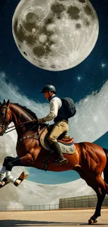 Rider on horse with moons in surreal night sky backdrop.