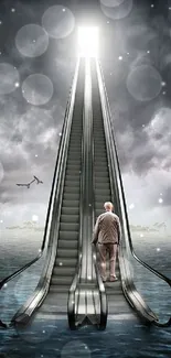 Surreal escalator ascending through water to cloudy skies.