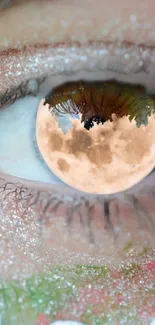 Surreal eye with moon reflection artwork combining nature and imagination.