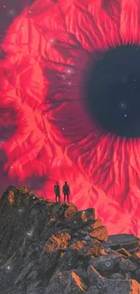 Two figures on a mountain with a surreal red eye sky.