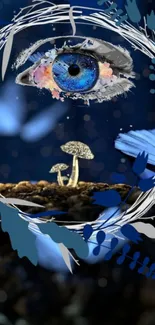 Surreal wallpaper with eye and mushrooms in a blue color theme.