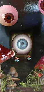 Surreal wallpaper with eyes and mushrooms in a dark, cosmic setting.