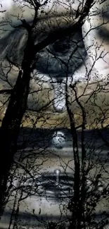 Surreal eye with silhouetted trees on mystical background.