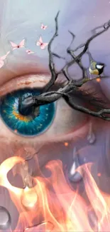 Surreal mobile wallpaper featuring an eye with branches, butterflies, and flames.