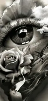 Surreal monochrome eye and rose art wallpaper.