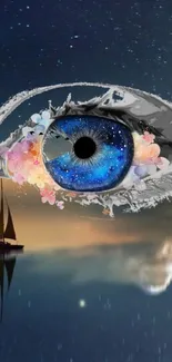 Surreal eye with blue iris over a peaceful ocean and starry sky.