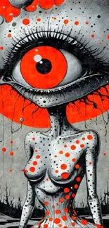 Surreal art wallpaper with a large eye design and vibrant red-orange accents.