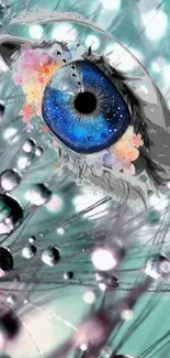 Surreal wallpaper with a vibrant, galaxy-themed eye and floral accents.