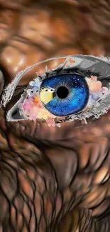 Surreal eye design with blue iris and floral elements on a brown background.