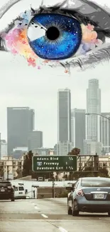 Surreal city skyline with a vibrant blue eye above colorful flowers.