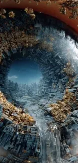 Surreal cityscape within an eye, futuristic art.