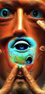 Surreal artwork of a multi-eyed face with vibrant, abstract elements.