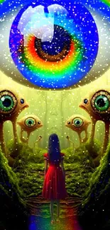 Surreal wallpaper with a large colorful eye in a mystical forest scene.