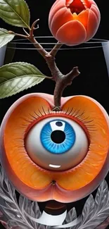Surreal art of an eye fruit in a glass.