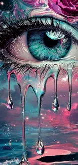 Surreal eye with vibrant colors and dreamlike landscape.