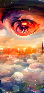 Surreal landscape with giant eye in a colorful sunset.