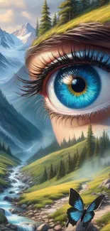 Surreal artwork with blue eye and mountain landscape.