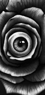 Surreal art of an eye within a monochrome rose.