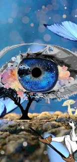 Surreal cosmic eye landscape with butterflies on a blue night sky wallpaper.