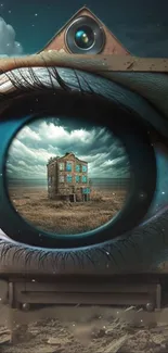 Surreal wallpaper with eye and landscape, artistic and mysterious.