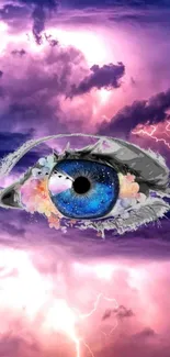 Mystical eye over purple lightning clouds in a surreal mobile wallpaper design.