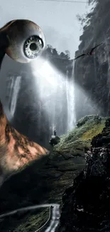 Surreal mountainous landscape with a giant eye and waterfalls.