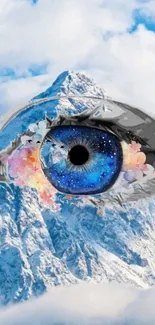 Surreal blue eye merging with a snowy mountain.