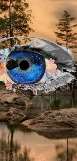 Surreal eye in nature landscape mobile wallpaper.