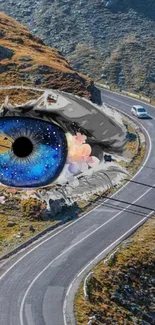 A surreal mobile wallpaper with a cosmic eye overlooking a winding mountain road.