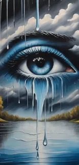 Surreal blue eye crying over a lake with clouds and trees in the background.