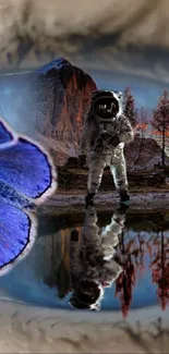 Surreal eye reflection with butterfly and astronaut in a fantasy landscape.