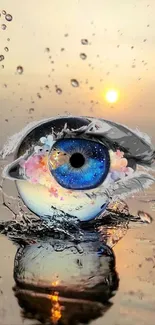 Surreal wallpaper featuring a blue eye reflecting a sunset with water splashes.