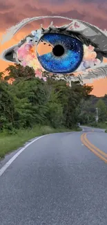 Surreal eye illustration over scenic road at sunset.