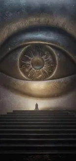 Surreal eye above staircase scene on mobile wallpaper.