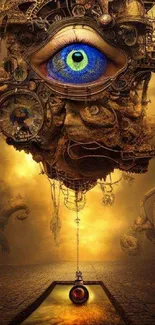 Surreal steampunk art with a blue eye and mechanical elements.