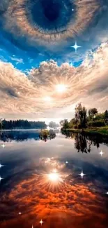 Surreal landscape with eye and sunset reflection over a lake.