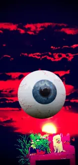 Surreal wallpaper with eye against red sunset background.