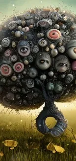 Surreal tree with eye-like structures on a dreamy background.