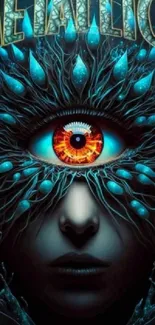 Surreal art wallpaper with a central eye and dark teal tones.