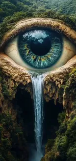 Surreal eye transforming into a waterfall amid forest greenery.